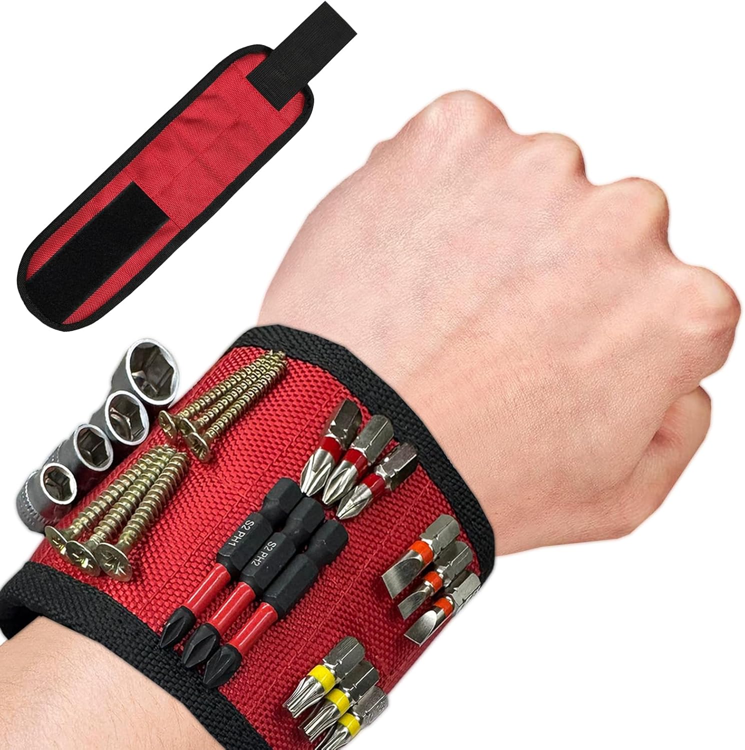 magnetic wristband, magnetic screw holder, ballistic nylon, 8 strong magnets, one size fits most, red
