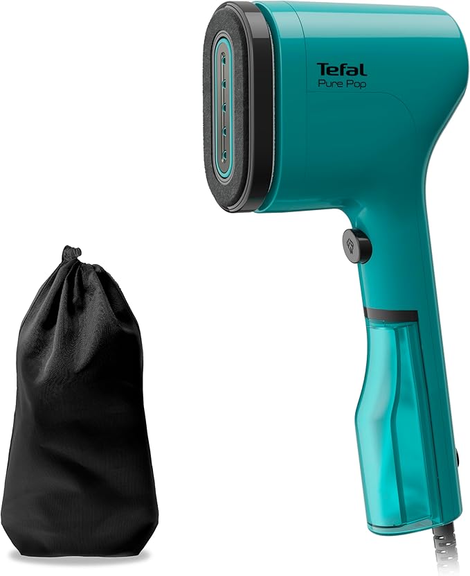 tefal pure pop slim handheld clothes steamer, no ironing board needed, ready to use in 15 seconds, 70ml detachable water tank, travel iron, garment steamer, green, dt2024
