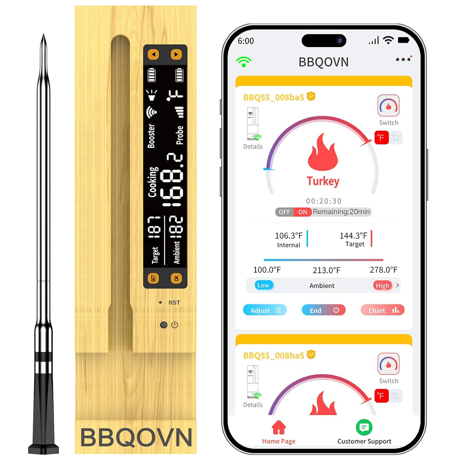 wifi sub 1g wireless meat thermometer unlimited range with digital smart base 7 nist certified sensors with ambient temp monitor for bbq, grill,oven, smoker(1, black, small)